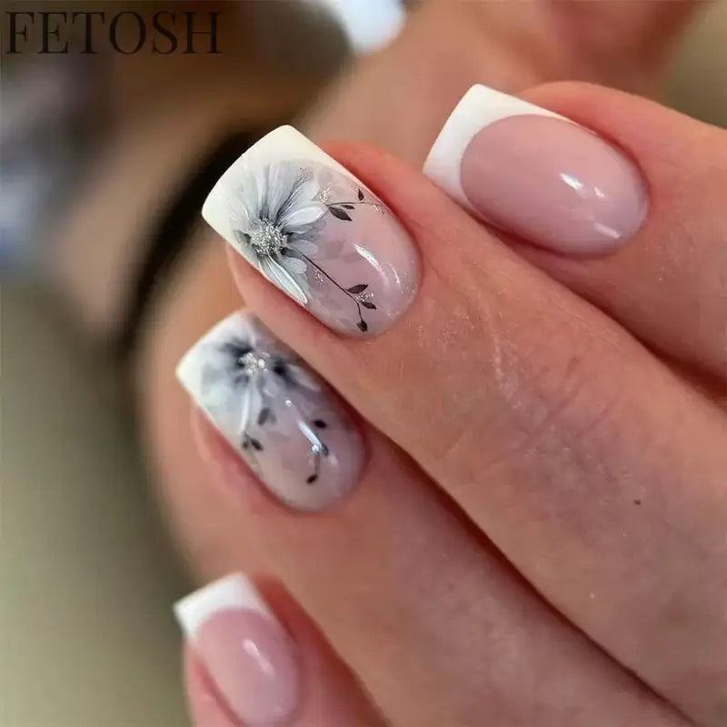 24Pcs Sweet Countryside Flowers False Nails Coffin with Jelly Glue Simple Flower Butterfly French Short Removable Wearable Nails