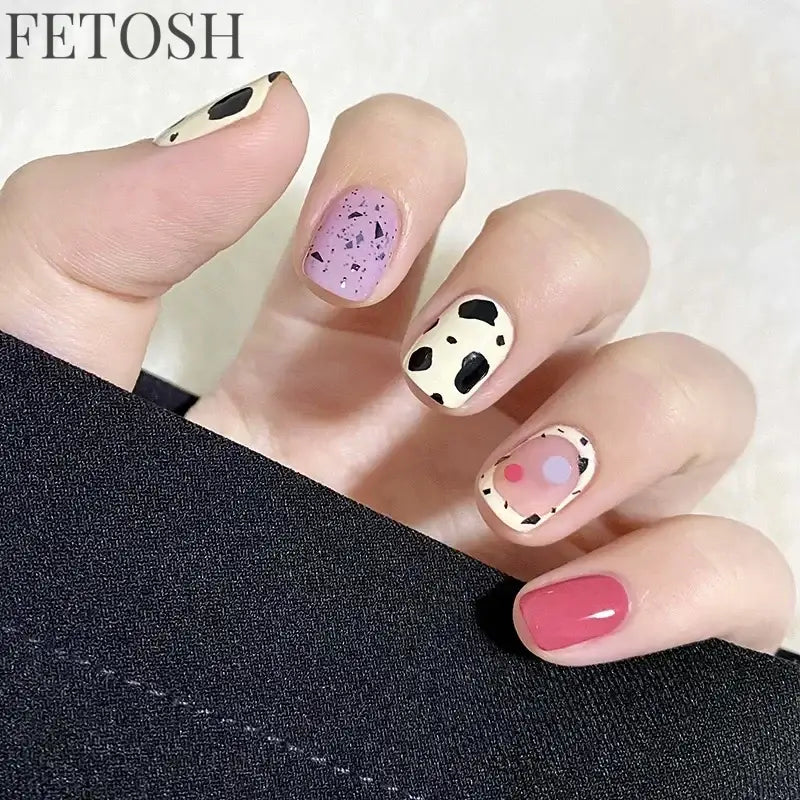24pcs Short Cute False Nails Polka Dot Star Design Fake Nails Full Coverage Waterproof Removable Artificial Press on Nails
