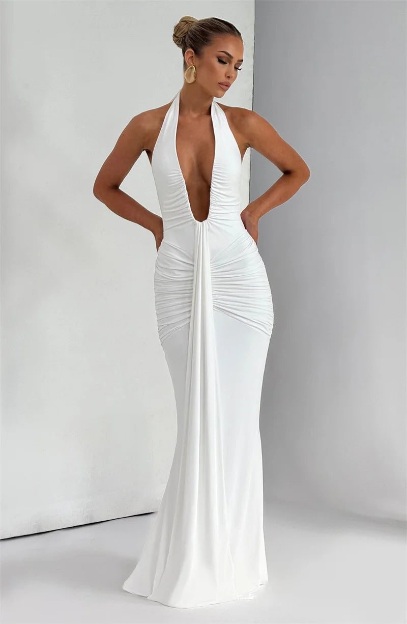 Mozision Deep V Neck Backless Ruched Sexy Maxi Dress Women Gown Summer Halter Sleeveless Draped Club Party Long Dress 2025