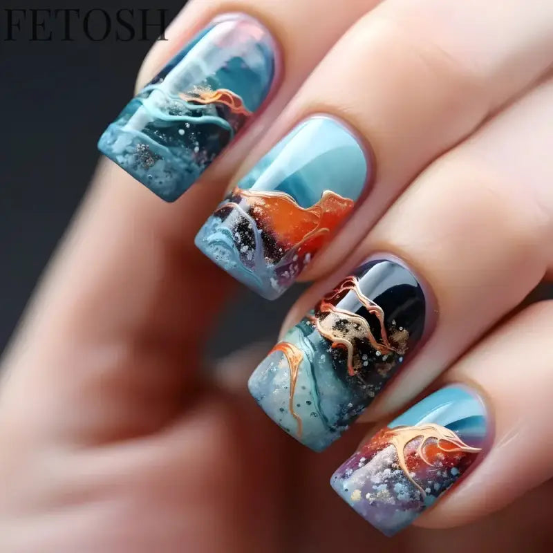24Pcs Blue False Nails Gradient with French Design Wearable Fake Nails Gradient Short Coffin Full Cover Press on Nail Tips Art