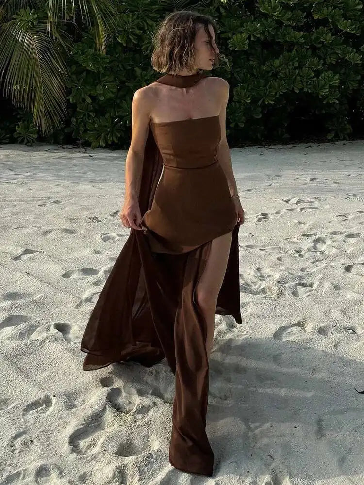 Mozision Elegant Strapless Sexy Maxi Dress For Women Gown With Scarf Off-shoulder Sleeveless Backless Split Beach Long Dress