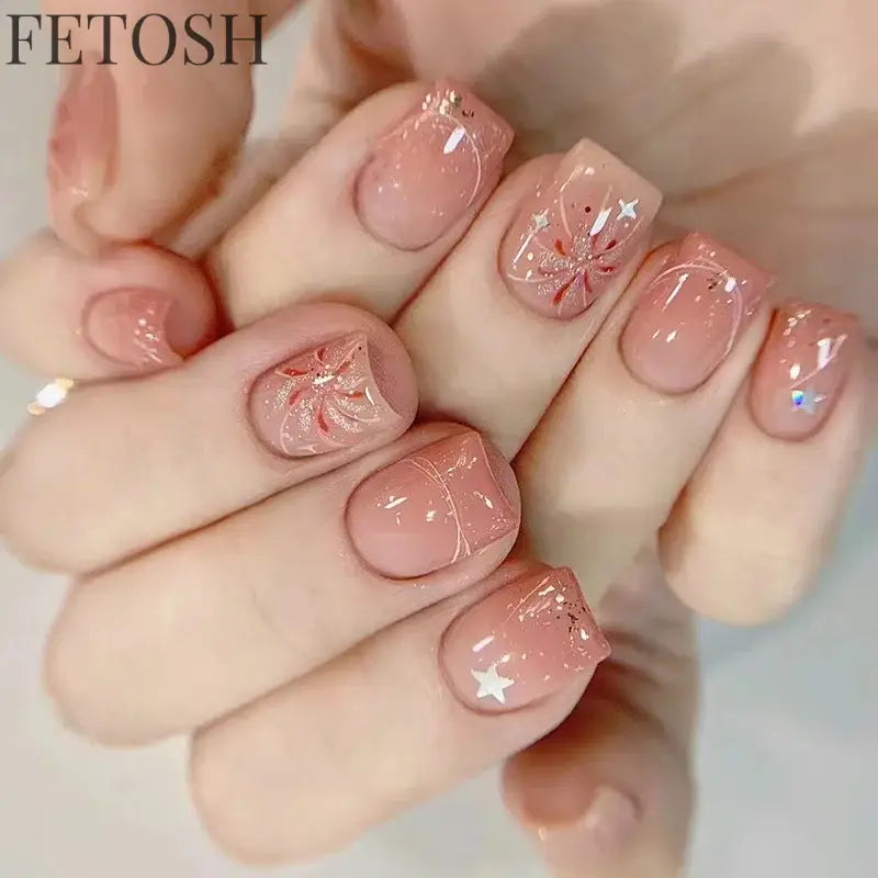 Glossy Press on Nails Set Short Oval Shiny Gradient French Nail Art Design Reusable Full Cover Fake Nails with Glue for Girls