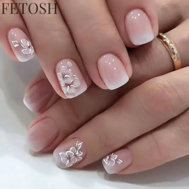 24Pcs Shiny Pearl Wearable False Nails Short Square Fake Nail Simple Summer Press on Nails Detachable Full Cover Nail Tips