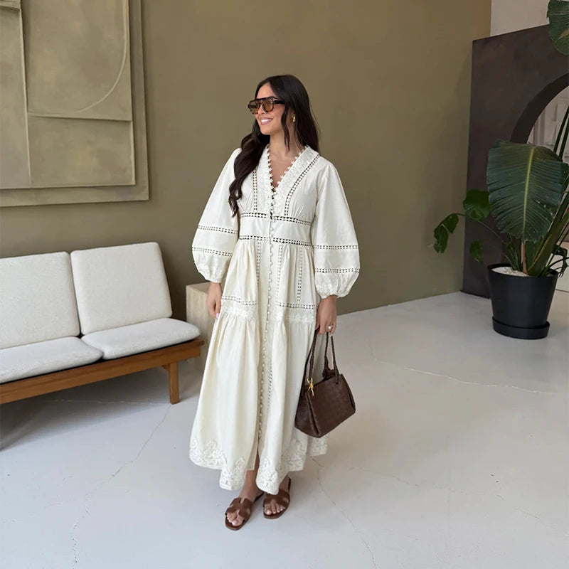 Casual Hollow Out Embroidery Pleated Long Dress Women V-neck Lantern Sleeve Single Breasted Dresses 2025 Summer Lady Chic Robes