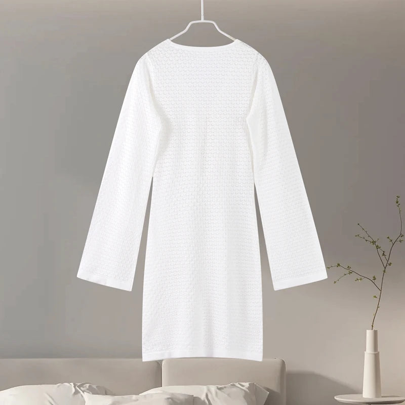 Casual Hollow Out Embroidery Pleated Long Dress Women V-neck Lantern Sleeve Single Breasted Dresses 2025 Summer Lady Chic Robes