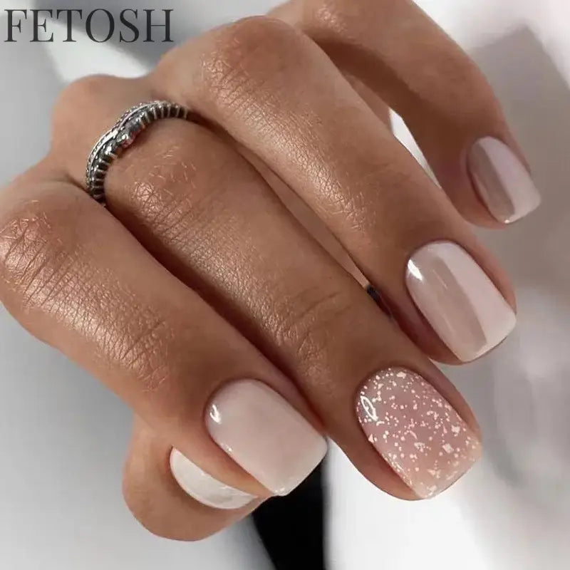 24Pcs Shiny Pearl Wearable False Nails Short Square Fake Nail Simple Summer Press on Nails Detachable Full Cover Nail Tips