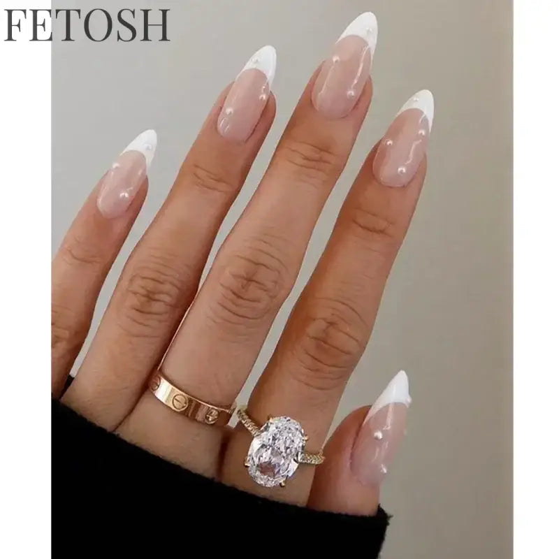 24Pcs Simple Green French False Nails Short Almond Fake Nails with Wave Line Design Wearable Round Head Press on Nail Tips