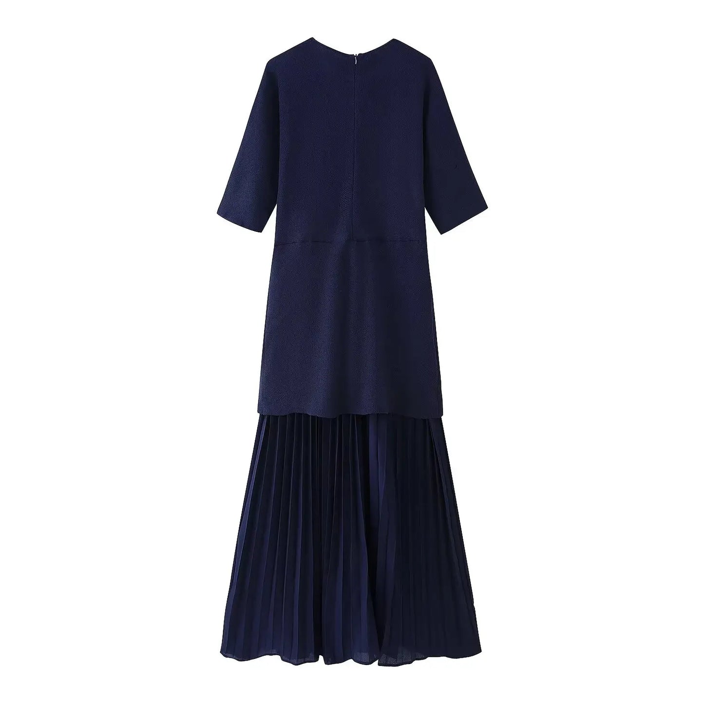 TRAFZA Women Elegant Half Sleeves O-Collar Pleated Dress Spring Woman Rear Zipper Splicing Vintage Casual Knitted Long Dress