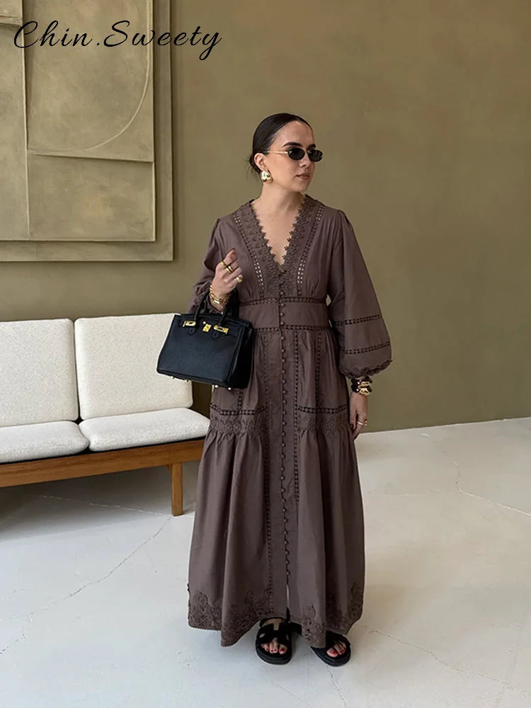 Casual Hollow Out Embroidery Pleated Long Dress Women V-neck Lantern Sleeve Single Breasted Dresses 2025 Summer Lady Chic Robes