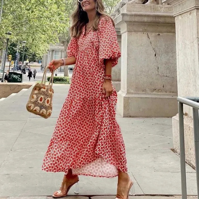 Women Puff Sleeve Boho Maxi Dress Vintage Elegant Fashion Casual Print Floral V-Neck Loose Ladies Holiday Beach Party Vestidos