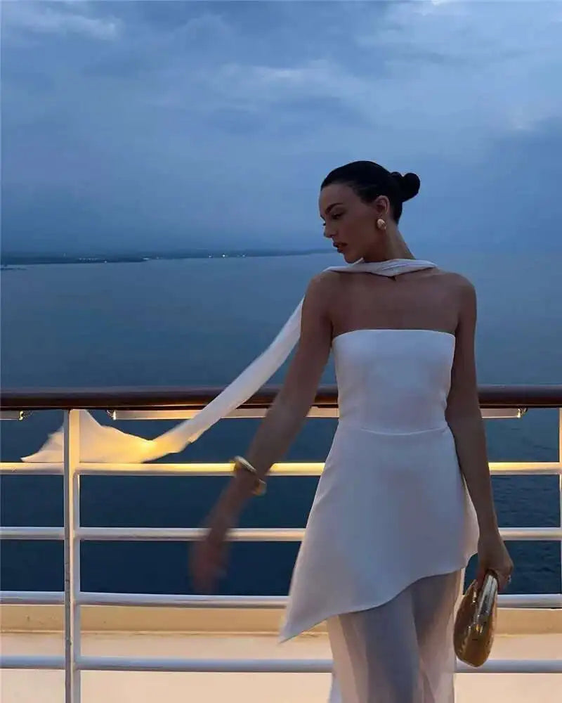 Mozision Elegant Strapless Sexy Maxi Dress For Women Gown With Scarf Off-shoulder Sleeveless Backless Split Beach Long Dress