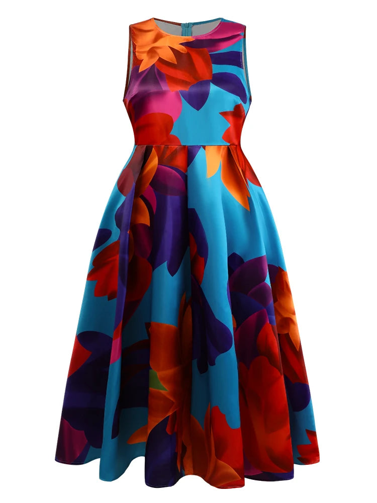 Floral Printed Tank Dress for Women Round Neck Pleated A-Line Vintage Casual Elegant Ethnic Sleeveless Summer Female Long Dress