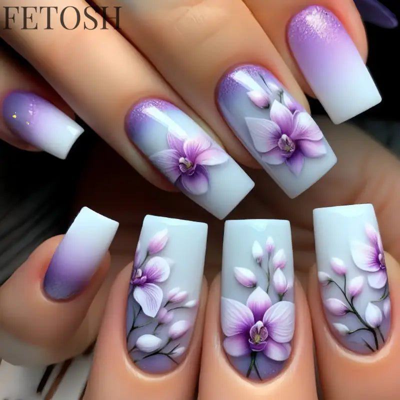 24Pcs Blue False Nails Gradient with French Design Wearable Fake Nails Gradient Short Coffin Full Cover Press on Nail Tips Art