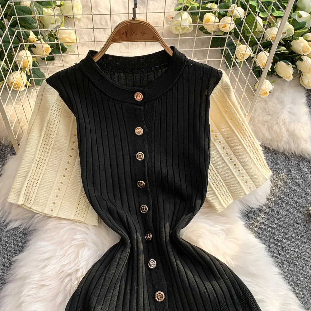 YuooMuoo Women Dress 2025 Spring and Summer Elegant Patchwork One-Piece Knitted Maxi Dress Office Lady Slim Waist Sweater Dress