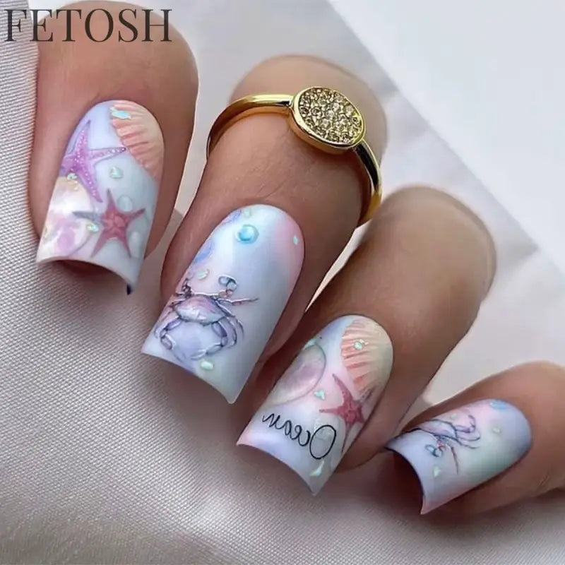 24Pcs Blue False Nails Gradient with French Design Wearable Fake Nails Gradient Short Coffin Full Cover Press on Nail Tips Art