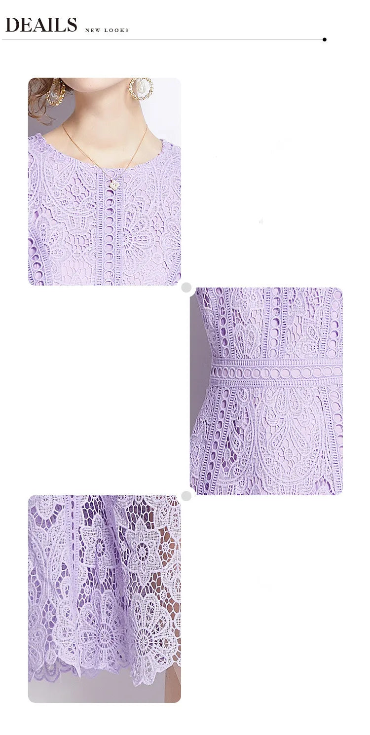 JAMERARY Vintage Holiday Lace Hollow Out Prom Dress For Women's Summer Slim Elegant Short Sleeve Long Dress Female Clothing
