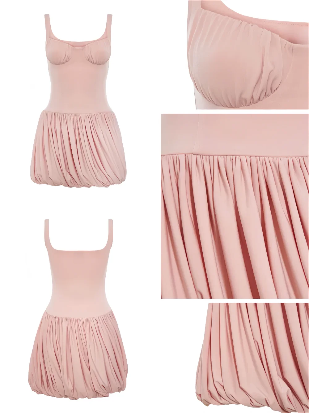 Absobe Women's Spaghetti Strap Puffy Mini Dress Backless V-neck Solid Slim Pleated Bud A-Line Short Dress Birthday Partywear