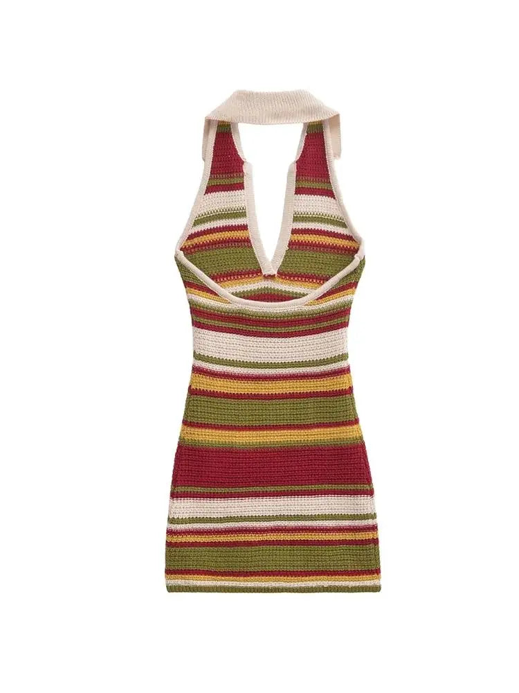 TRZA-Women's Striped Crochet Knit Mini Dress, Backless, Halter Neck, Female Dresses, Sexy Fashion