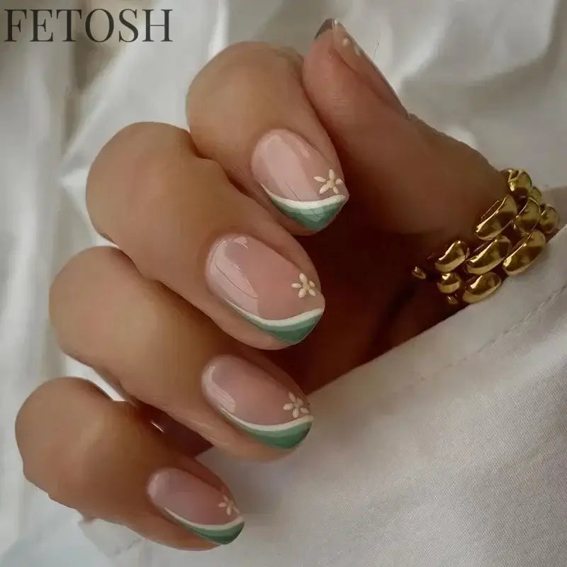 24Pcs Simple Square False Nails Short French Fake Nails Press on Colorful Flowers Design Full Cover Nail Tips Manicure Tools