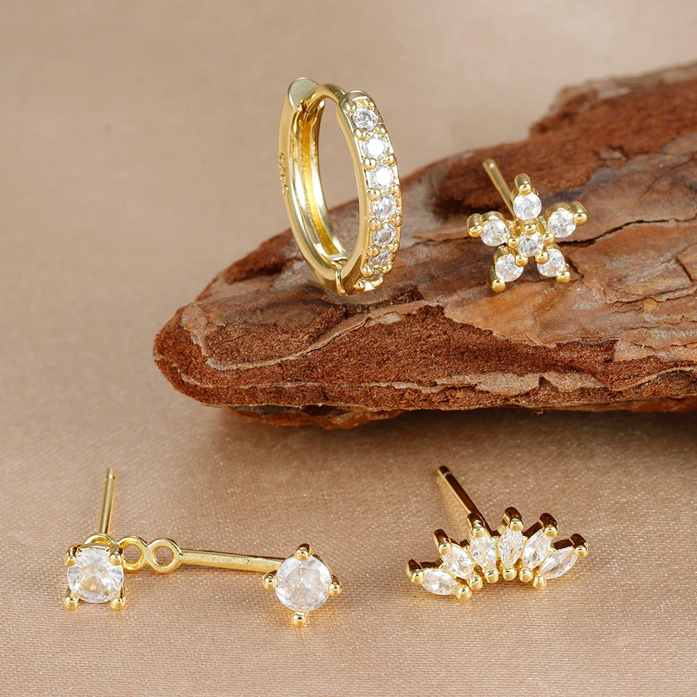 4PCS Stainless Steel Circle Huggie Hoop Earrings Set for Women Gold Color Unique Zircon Flower Stud Earring Piercing Jewelry