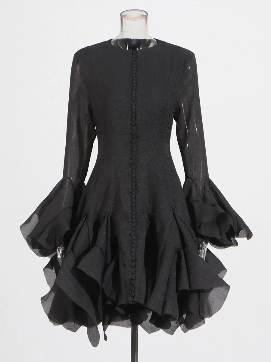 VGH Sweet Ruffles Elegant Knee Length Dresses for Women Round Neck Flare Sleeve High Waist Spliced Button A Line Dress Female