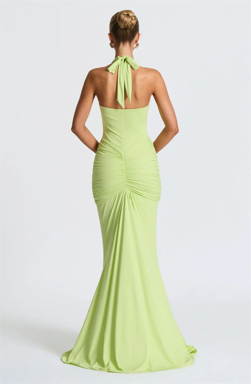 Mozision Deep V Neck Backless Ruched Sexy Maxi Dress Women Gown Summer Halter Sleeveless Draped Club Party Long Dress 2025