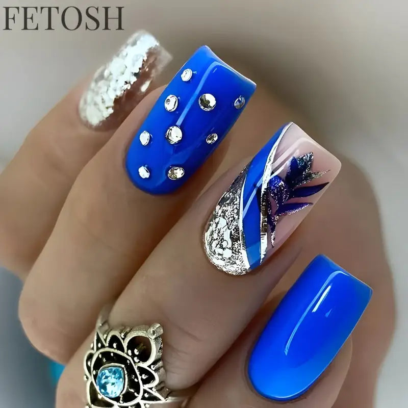 24Pcs Dark Blue Glossy Press on Nails Square False Nail with Glue Color Blending Acrylic Fake Nails Wearable Full Cover Nail Tip