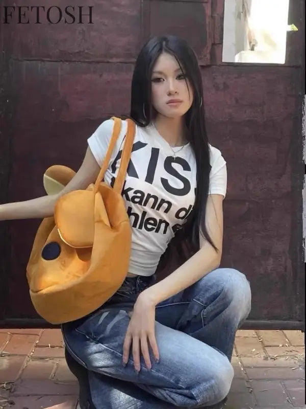 Karrram Japanese Y2k Letter Print T-shirt Trashy 2000s Style Crop Top Vintage Harajuku Short Sleeve Tee Shirt American Retro 90s