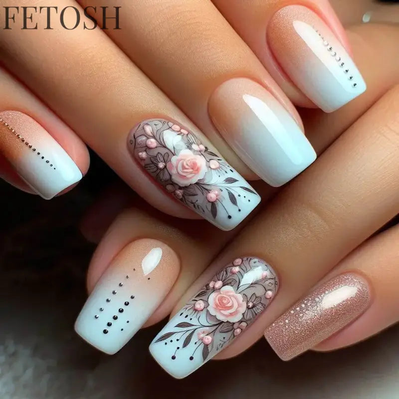 24Pcs Blue False Nails Gradient with French Design Wearable Fake Nails Gradient Short Coffin Full Cover Press on Nail Tips Art