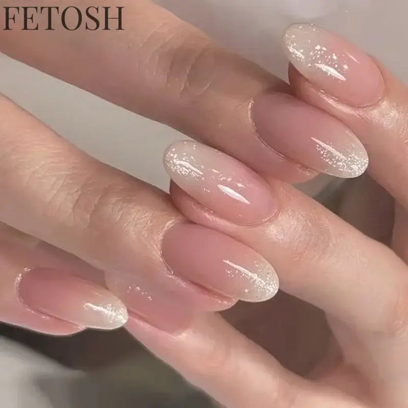 Glossy Press on Nails Set Short Oval Shiny Gradient French Nail Art Design Reusable Full Cover Fake Nails with Glue for Girls