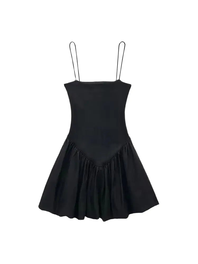 TRZA-Women's Patchwork Ribbed Poplin Puff Mini Dress, Straight Neck, Thin Straps, Female Dresses, Sexy Fashion