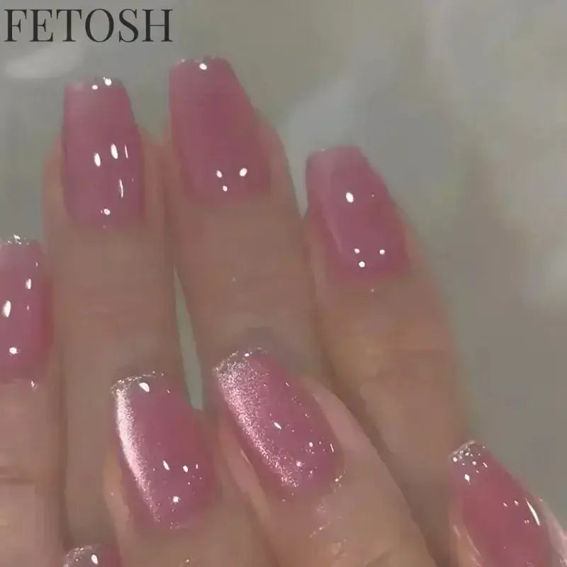 24Pcs Medium Short Square False Nails Glittering Nail Art White Wearable Fake Nail Silver French Full Cover Press on Nail Tips