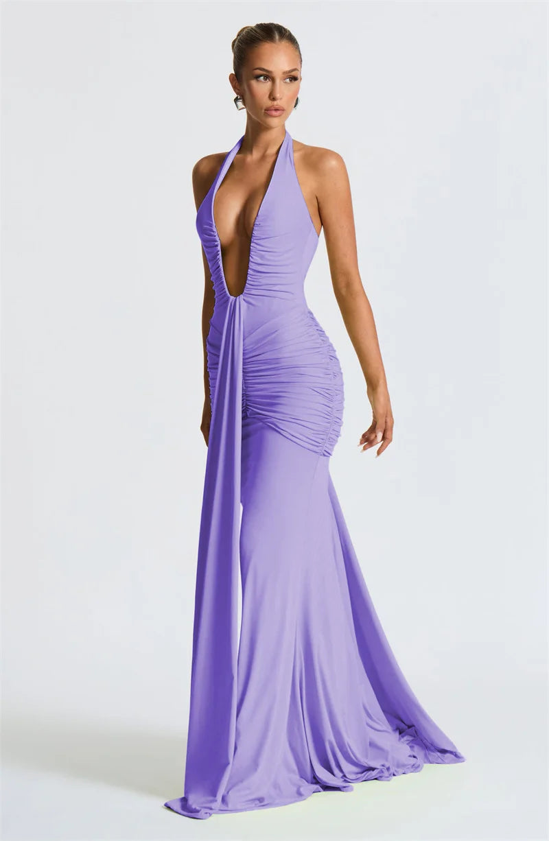 Mozision Deep V Neck Backless Ruched Sexy Maxi Dress Women Gown Summer Halter Sleeveless Draped Club Party Long Dress 2025