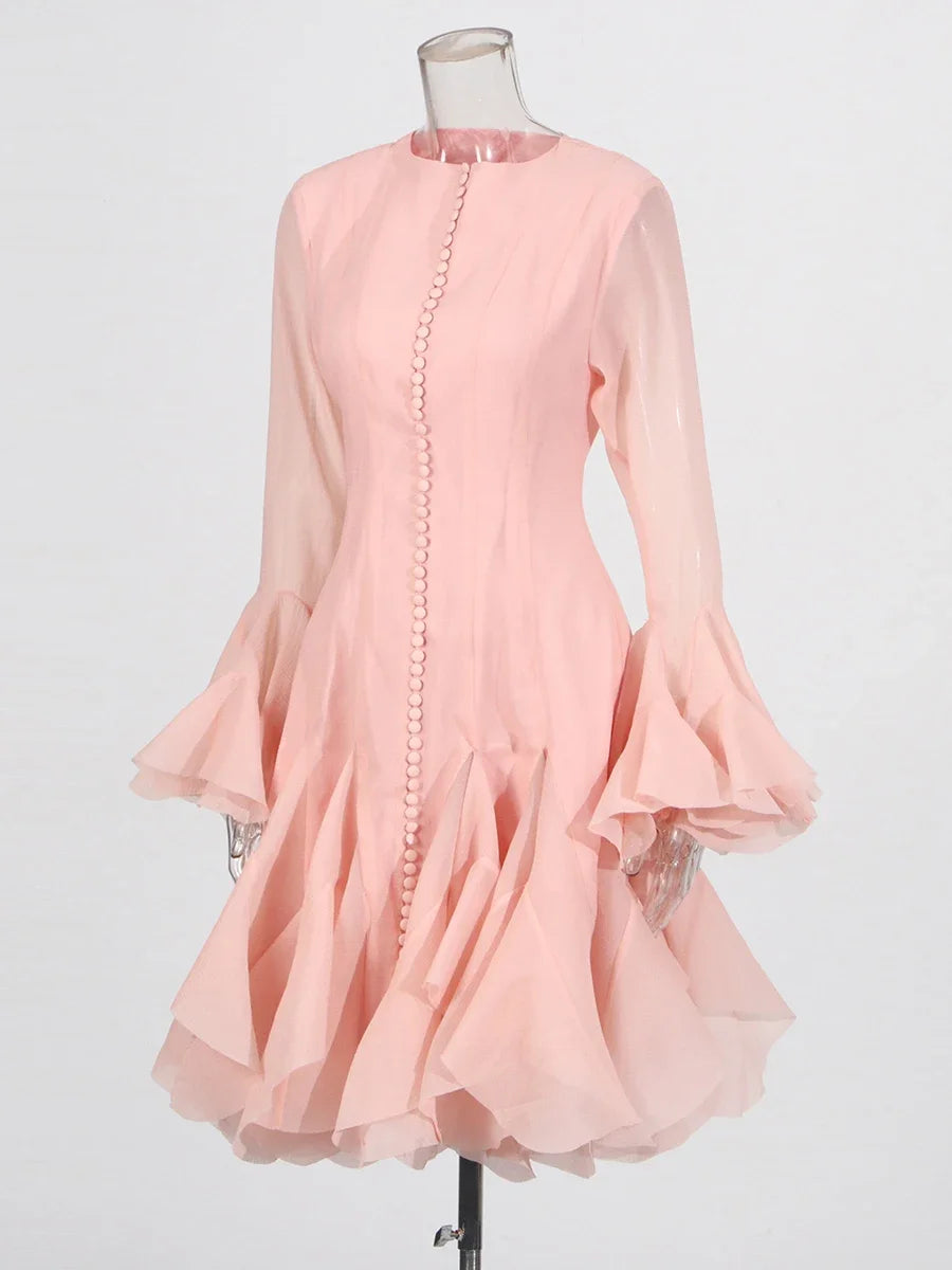 VGH Sweet Ruffles Elegant Knee Length Dresses for Women Round Neck Flare Sleeve High Waist Spliced Button A Line Dress Female