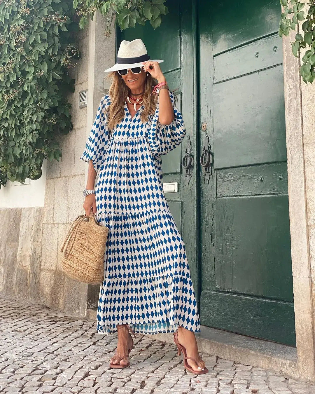 Women Puff Sleeve Boho Maxi Dress Vintage Elegant Fashion Casual Print Floral V-Neck Loose Ladies Holiday Beach Party Vestidos