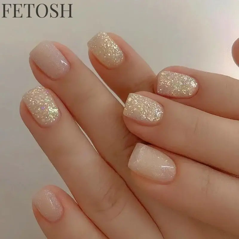 24Pcs Shiny Pearl Wearable False Nails Short Square Fake Nail Simple Summer Press on Nails Detachable Full Cover Nail Tips