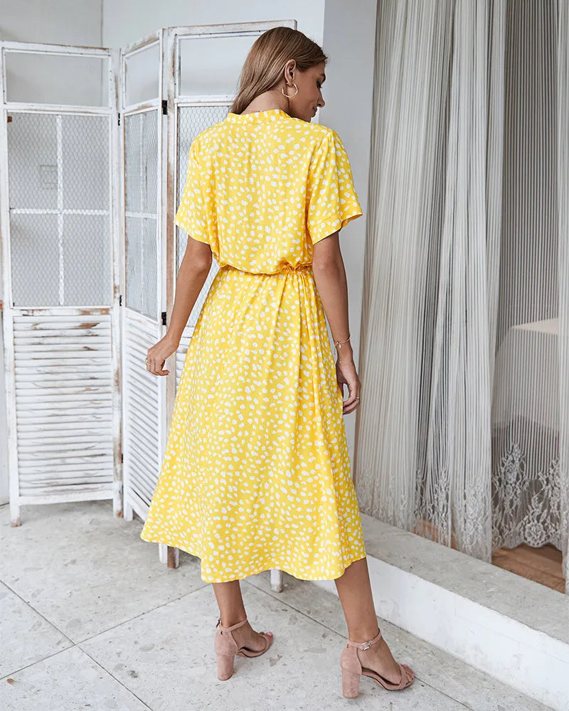Vintage Floral Print Dress Women Boho Short Sleeve Long Dress Turn Down Collar Casual Waistband Shirt Dresses Robe 2021 Summer