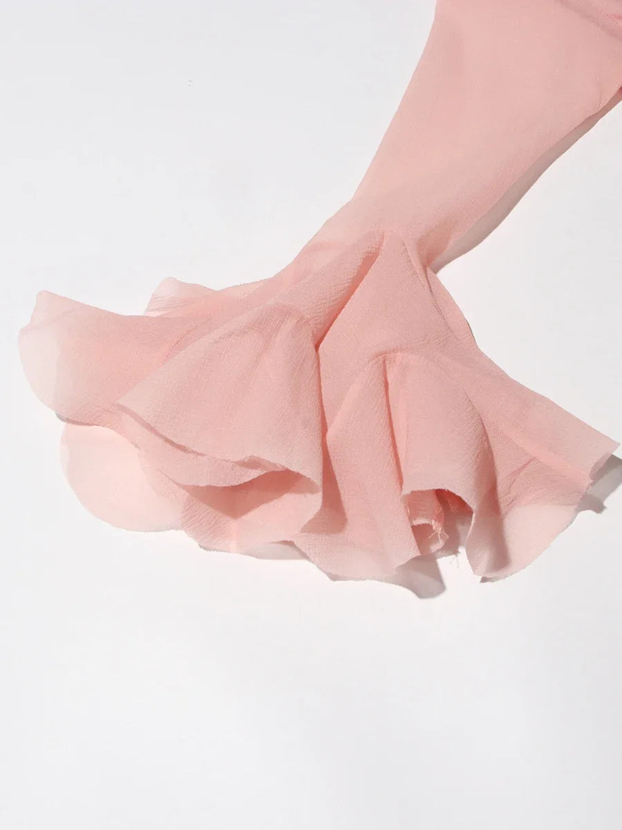 VGH Sweet Ruffles Elegant Knee Length Dresses for Women Round Neck Flare Sleeve High Waist Spliced Button A Line Dress Female