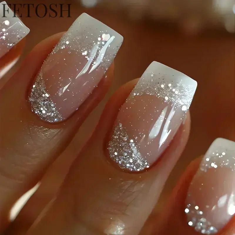 24Pcs Medium Short Square False Nails Glittering Nail Art White Wearable Fake Nail Silver French Full Cover Press on Nail Tips