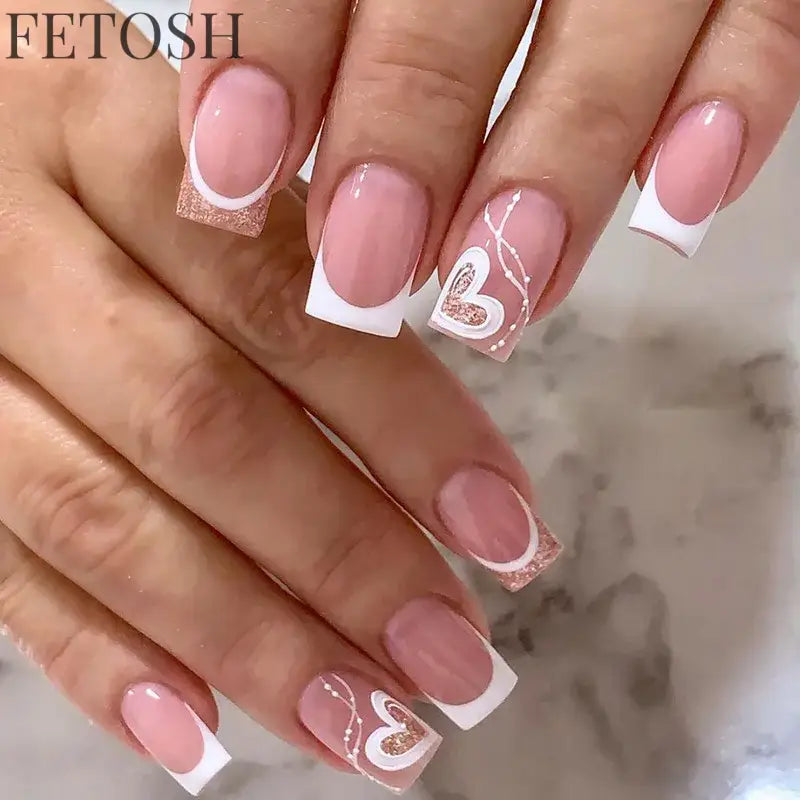 24Pcs Shiny Pearl Wearable False Nails Short Square Fake Nail Simple Summer Press on Nails Detachable Full Cover Nail Tips