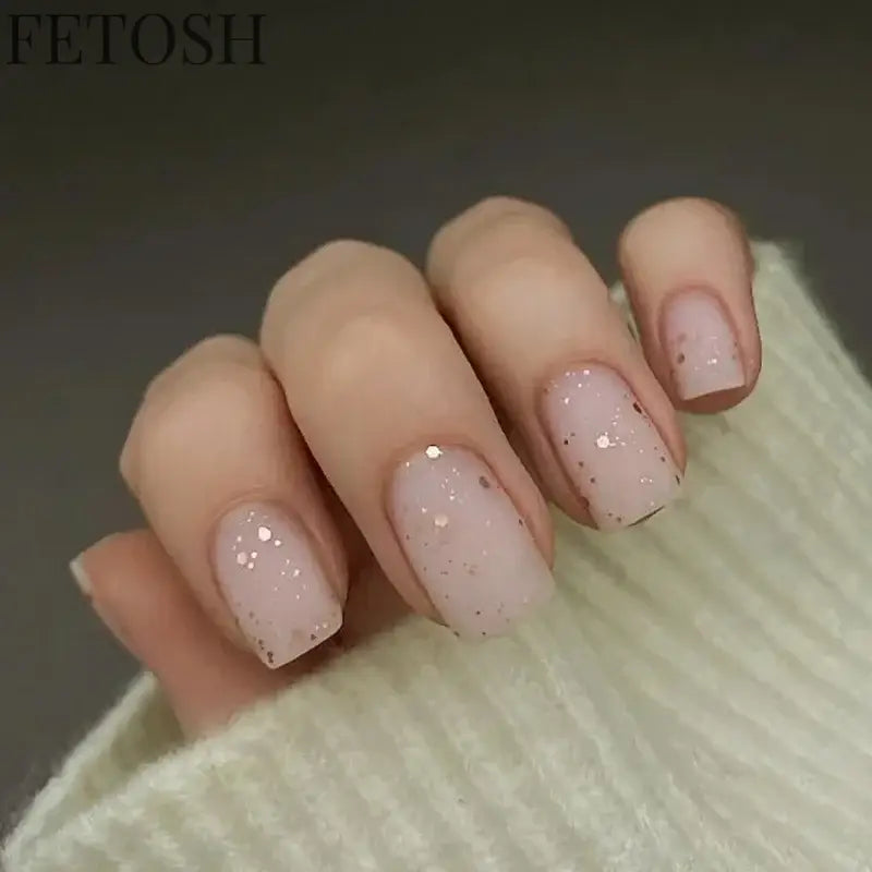 24Pcs Shiny Pearl Wearable False Nails Short Square Fake Nail Simple Summer Press on Nails Detachable Full Cover Nail Tips