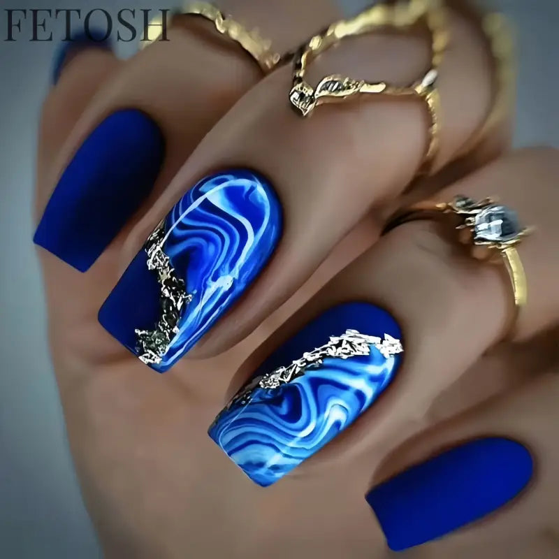 24Pcs Dark Blue Glossy Press on Nails Square False Nail with Glue Color Blending Acrylic Fake Nails Wearable Full Cover Nail Tip