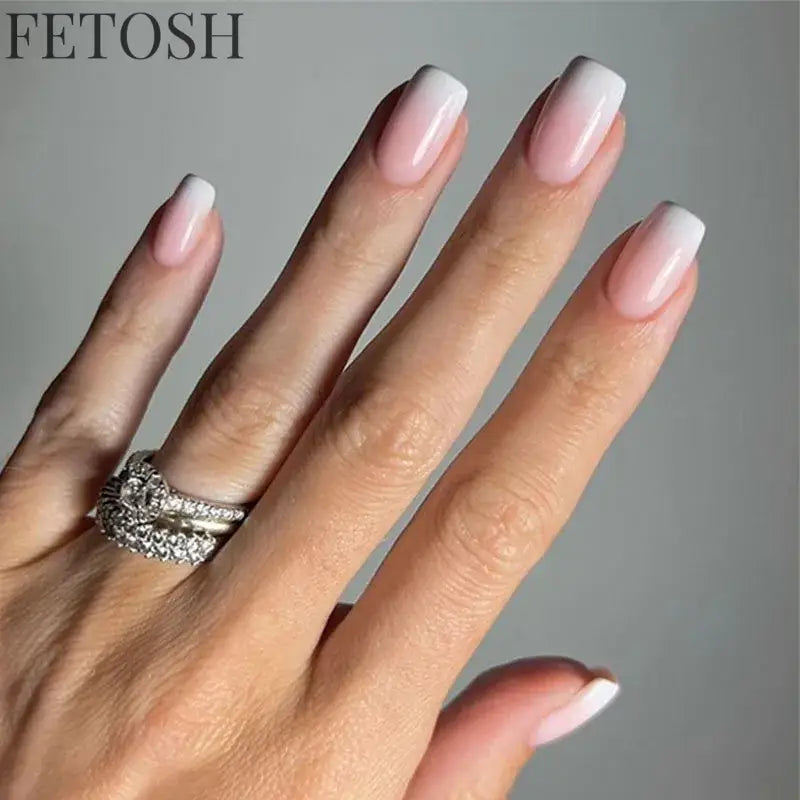 24Pcs Simple Square Head Fake Nail with Jelly Glue Pink White Gradient French Press on False Nails Short Full Cover Nail Tips