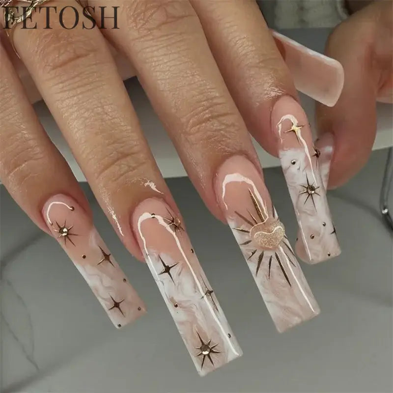 24Pcs 3D Long Ballet False Nails White Coffin Wave with French Design Wearable Fake Nails Gold Line Full Cover Press on Nails