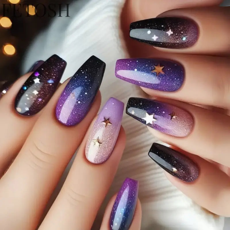 24Pcs Dark Blue Glossy Press on Nails Square False Nail with Glue Color Blending Acrylic Fake Nails Wearable Full Cover Nail Tip