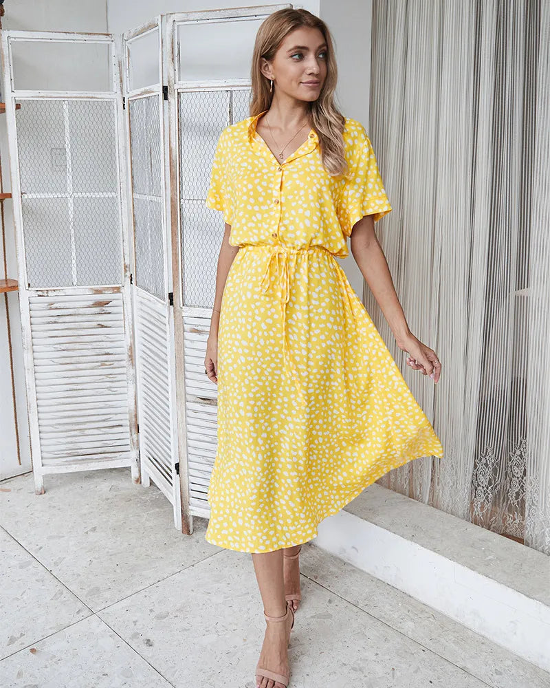 Vintage Floral Print Dress Women Boho Short Sleeve Long Dress Turn Down Collar Casual Waistband Shirt Dresses Robe 2021 Summer
