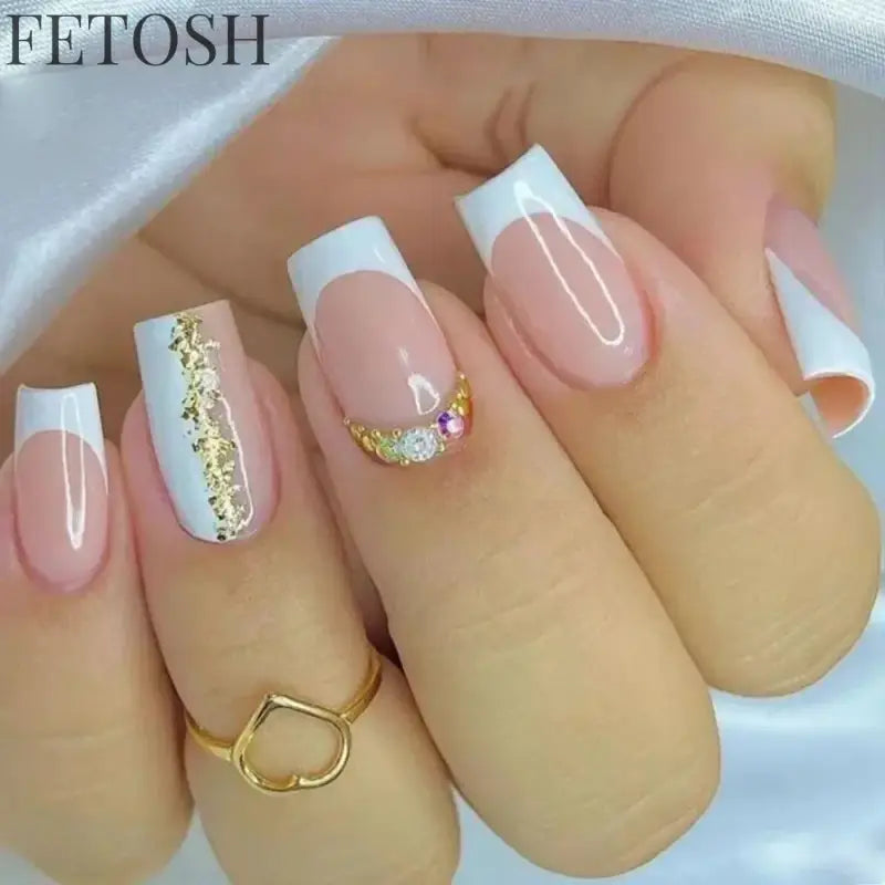24Pcs Shiny Pearl Wearable False Nails Short Square Fake Nail Simple Summer Press on Nails Detachable Full Cover Nail Tips