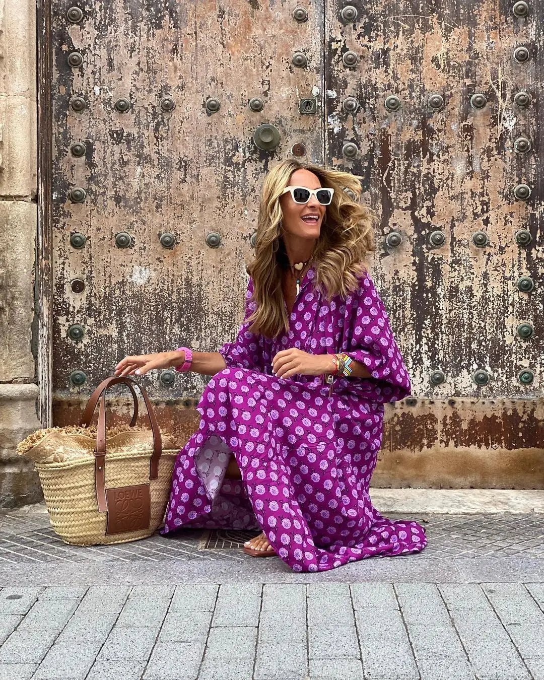 Women Puff Sleeve Boho Maxi Dress Vintage Elegant Fashion Casual Print Floral V-Neck Loose Ladies Holiday Beach Party Vestidos