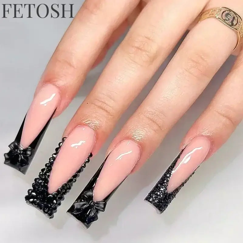 24Pcs 3D Long Ballet False Nails White Coffin Wave with French Design Wearable Fake Nails Gold Line Full Cover Press on Nails