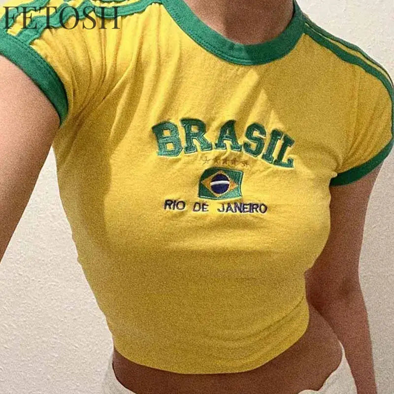 Womens Aesthetic BRASIL Letter Print T-Shirt and Shorts Suit, Vintage Grunge Short Sleeve Baby Tees, Summer Crop Top Y2k Clothe